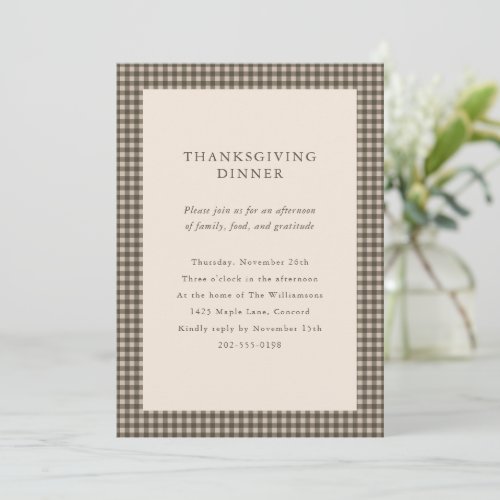 Taupe Brown Gingham Thanksgiving Dinner Custom Invitation