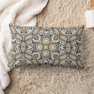 Taupe Brown Gray Beige Bohemian Tribe Art Lumbar Pillow