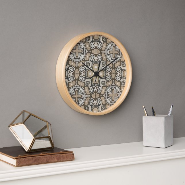Taupe Brown Gray Beige Hip Bohemian Art Motif Clock (Office)