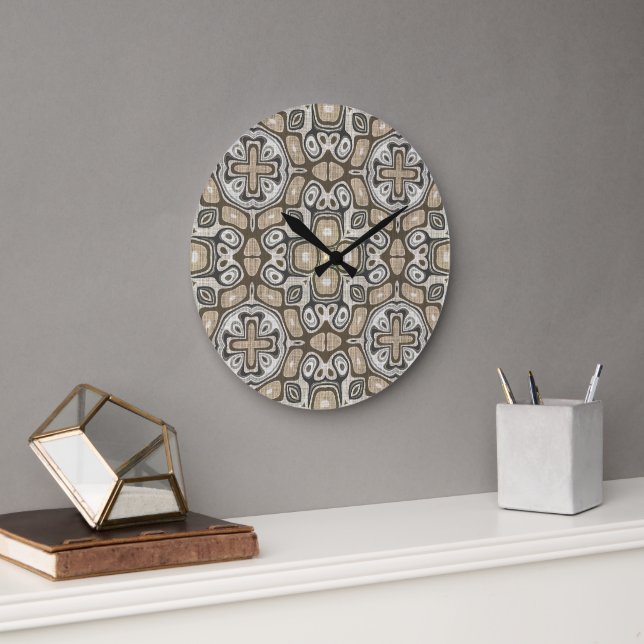 Taupe Brown Gray Beige Hip Bohemian Art Motif Large Clock (Office)