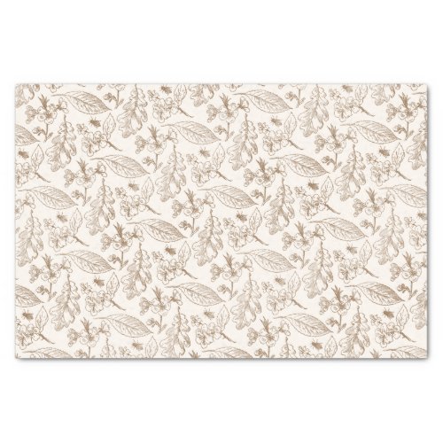 Taupe Brown Leaves Floral Pattern On Ivory Ecru Tissue Paper