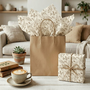 Taupe Brown Leaves Floral Pattern On Ivory Ecru Tissue Paper