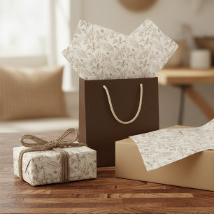Taupe Brown Leaves Floral Pattern On Ivory Ecru Tissue Paper