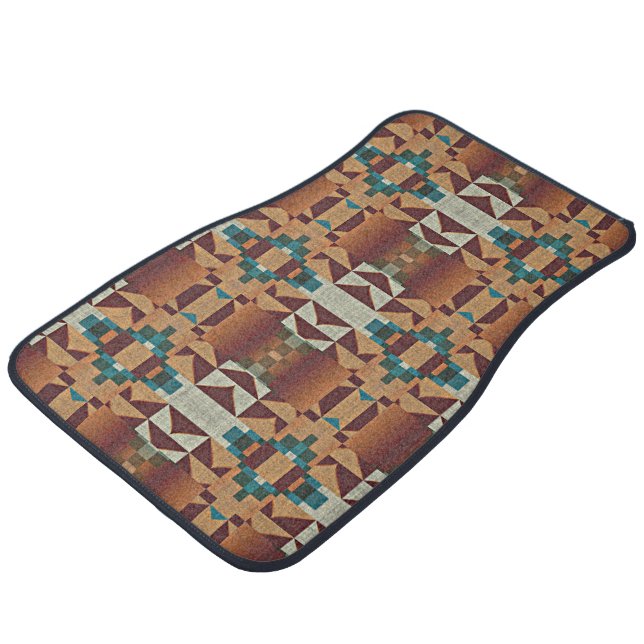 Taupe Brown Orange Teal Blue Green Tribal Art Car Floor Mat (Angled)