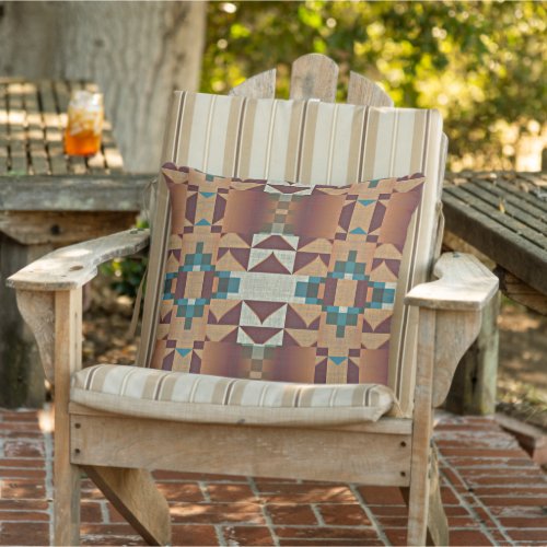 Taupe Brown Orange Teal Blue Green Tribal Art Outdoor Pillow