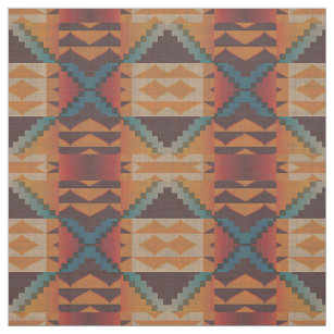 Taupe Brown Red Teal Blue Orange Ethnic Look Fabric