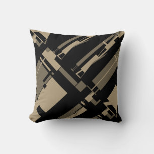 Taupe Brown Slanted Lines Uneven Shapes on Black Throw Pillow