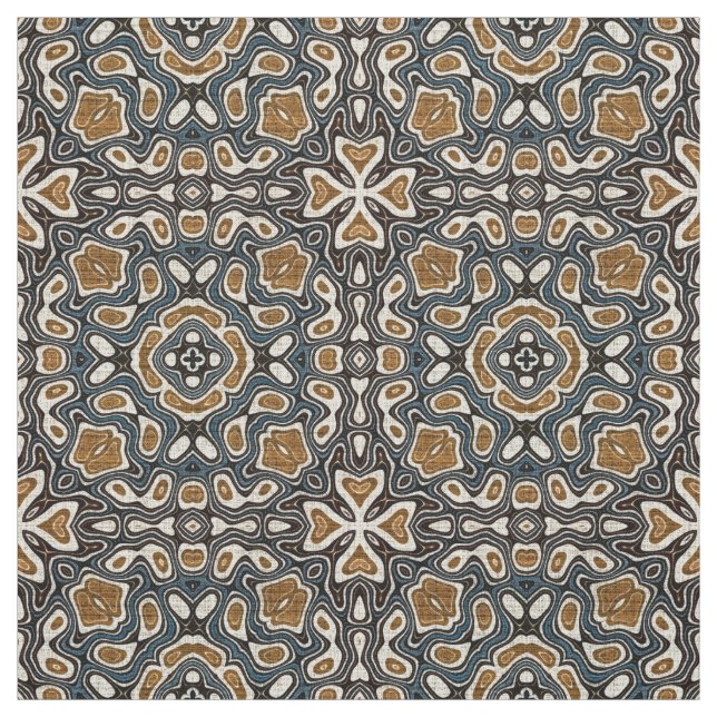 Taupe Brown Teal Blue Bali Batik Style Pattern Fabric (Swatch)