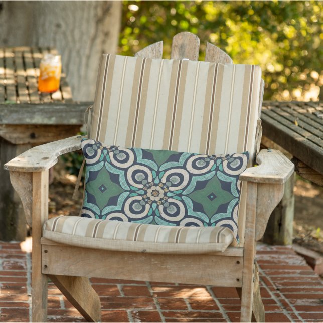 Taupe Brown Teal Green Blue Orient Tribal Art Lumbar Pillow (Chair)