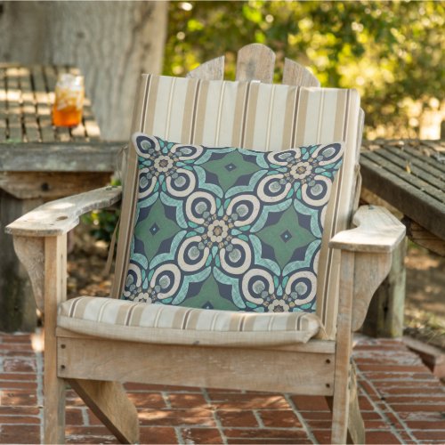 Taupe Brown Teal Green Blue Orient Tribal Art Outdoor Pillow