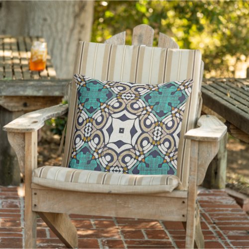 Taupe Brown Teal Green Ivory Orient Tribal Art Outdoor Pillow