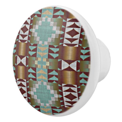 Taupe Brown Turquoise Aqua Blue Tribal Pattern Ceramic Knob