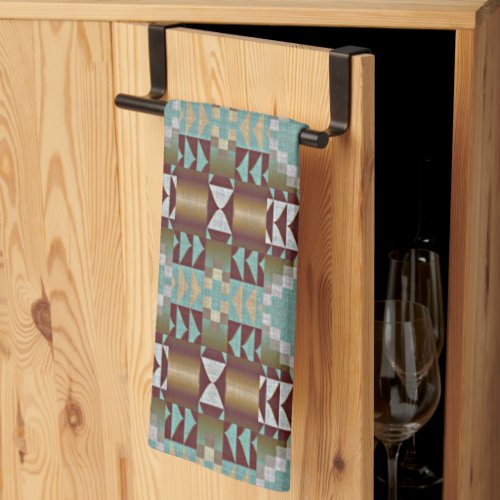 Taupe Brown Turquoise Aqua Blue Tribal Pattern Kitchen Towel