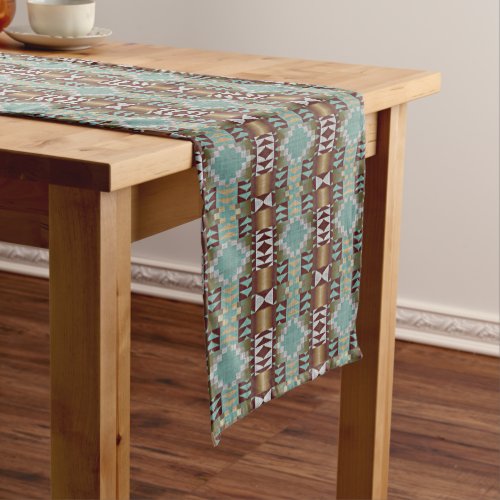 Taupe Brown Turquoise Aqua Blue Tribal Pattern Long Table Runner