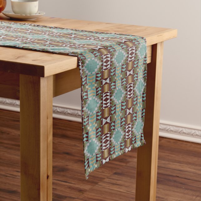 Taupe Brown Turquoise Aqua Blue Tribal Pattern Long Table Runner (In Situ)