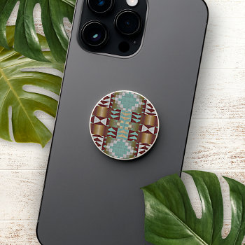 Taupe Brown Turquoise Aqua Blue Tribal Pattern Popsocket by All_In_Cute_Fun at Zazzle