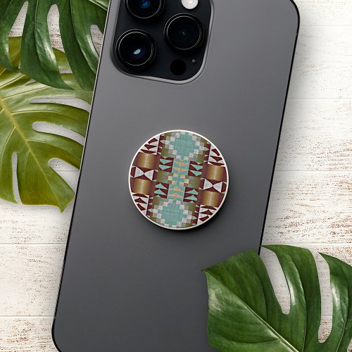 Taupe Brown Turquoise Aqua Blue Tribal Pattern PopSocket