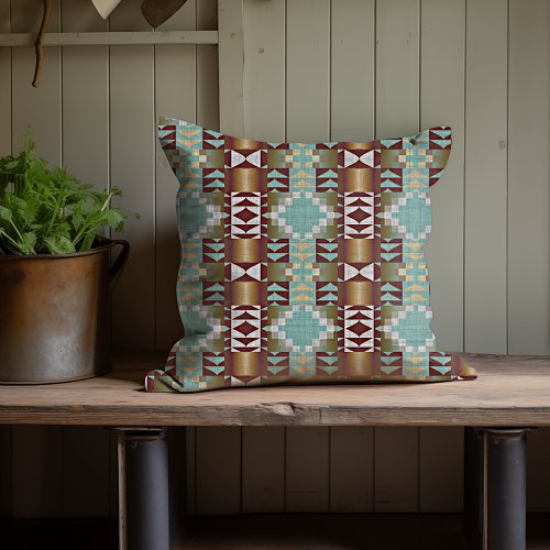 Taupe Brown Turquoise Aqua Blue Tribal Pattern Throw Pillow