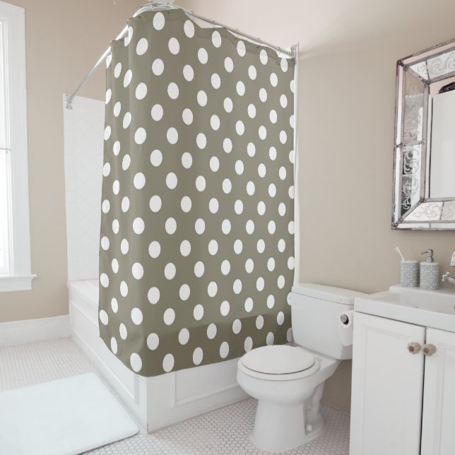Taupe Brown & White Polka Dots Shower Curtain (In Situ)