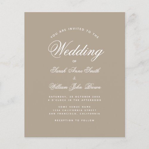 Taupe Budget Simple Calligraphy Wedding Invitation