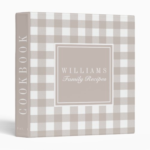 Taupe Buffalo Plaid Recipe Cookbook 3 Ring Binder