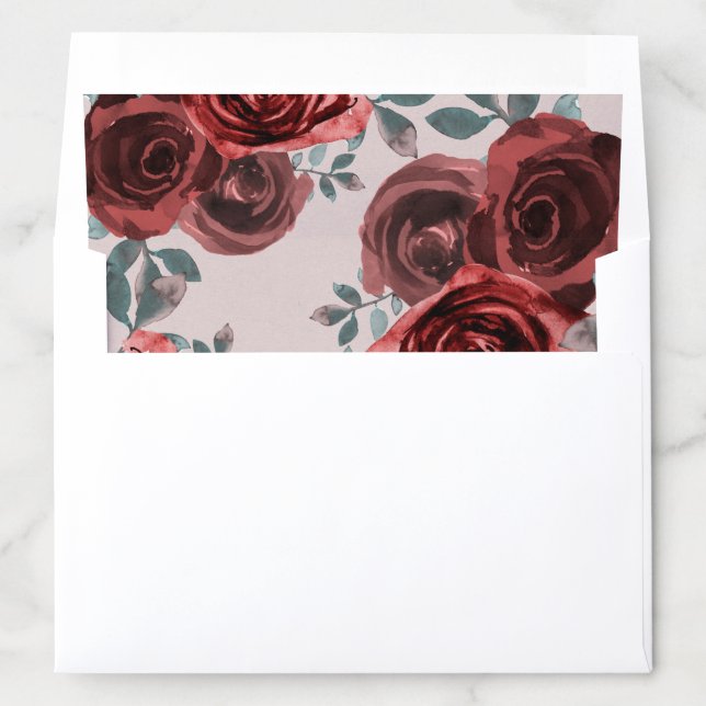 Taupe Burgundy Watercolor Roses Greenery Wedding Envelope Liner (In Envelope)