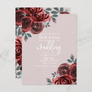 Taupe Burgundy Watercolor Roses Greenery Wedding Invitation
