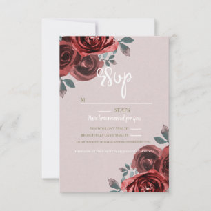 Taupe Burgundy Watercolor Roses Greenery Wedding RSVP Card