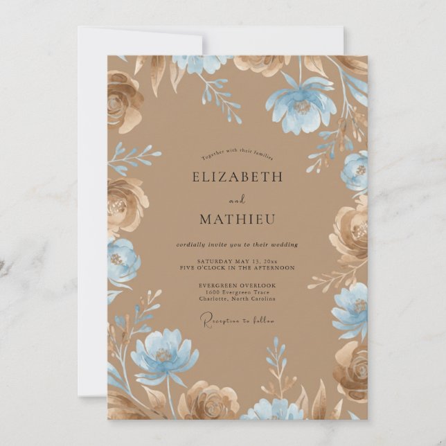 Taupe Cerulean Wildflower Wedding Invitation (Front)