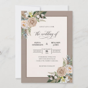 Taupe Champagne Bouquet Eucalyptus Wedding Invitation