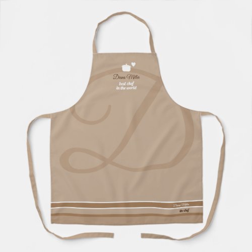 Taupe chef cooking with her name apron