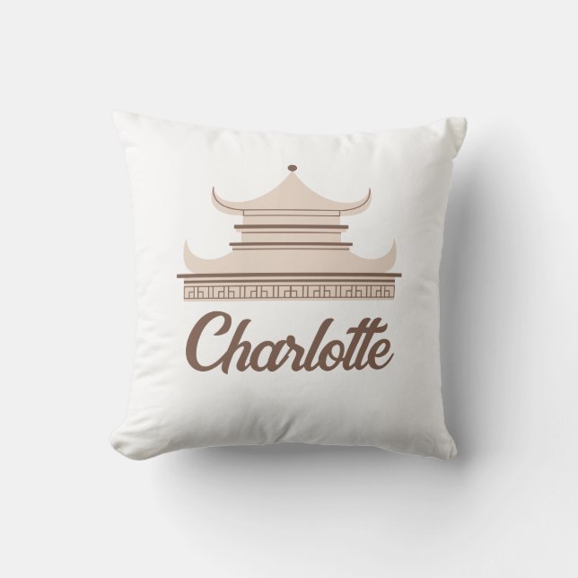 Taupe Chinoiserie Pagoda Custom Name Throw Pillow (Front)