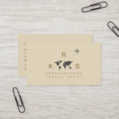Taupe Clean Monogram Travel Business Card