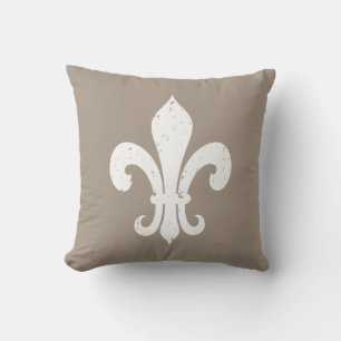 Taupe color chic fleur de lis outdoor throw pillow