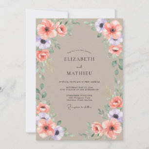 Taupe Coral Peony Wedding Invitation