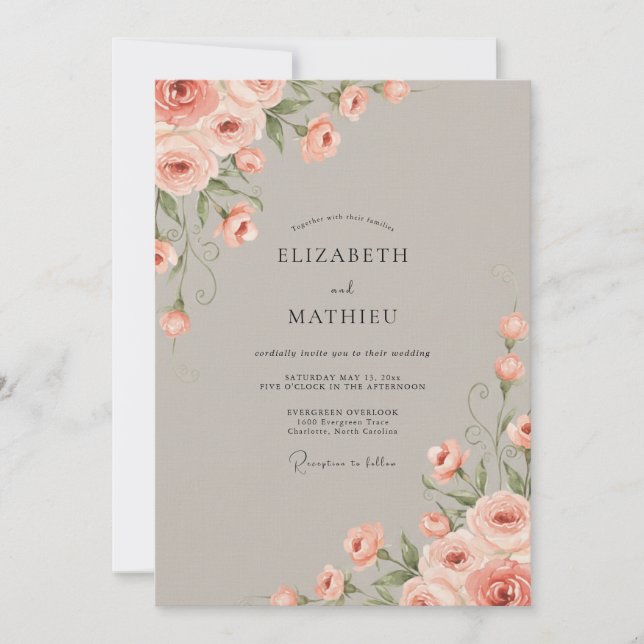 Taupe Coral Petal Wedding Invitation (Front)