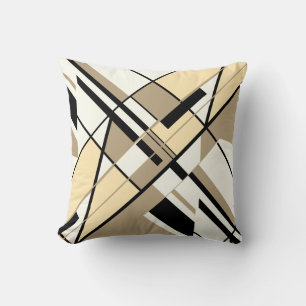 Taupe Cream Black White Diagonal Angular Art Motif Throw Pillow