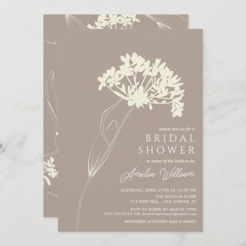 Taupe  Cream Modern Floral Bridal Shower Invitation