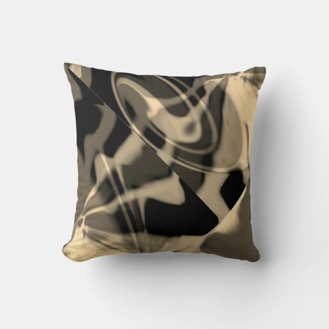 Taupe Cream on Black Diagonal Swirls Abstract Art Throw Pillow (Front)