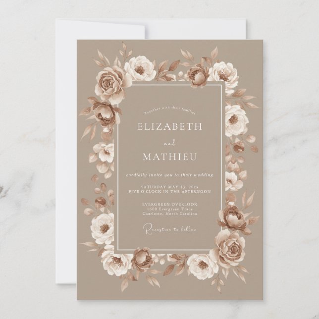 Taupe Cream Rose Wedding Invitation (Front)