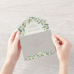 Taupe/Cream Snowberry+Eucalyptus Winter Wedding All In One Invitation