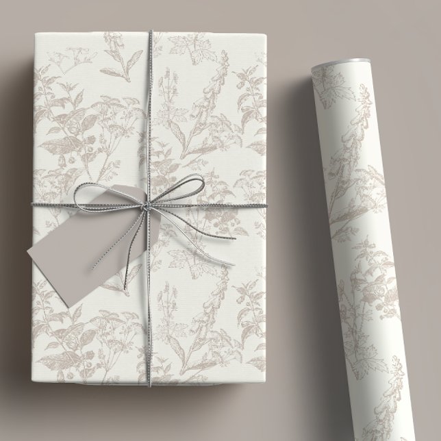 Taupe & Cream Tonal Wildflower Flower Line Art  Wrapping Paper Sheets (Creator Uploaded)
