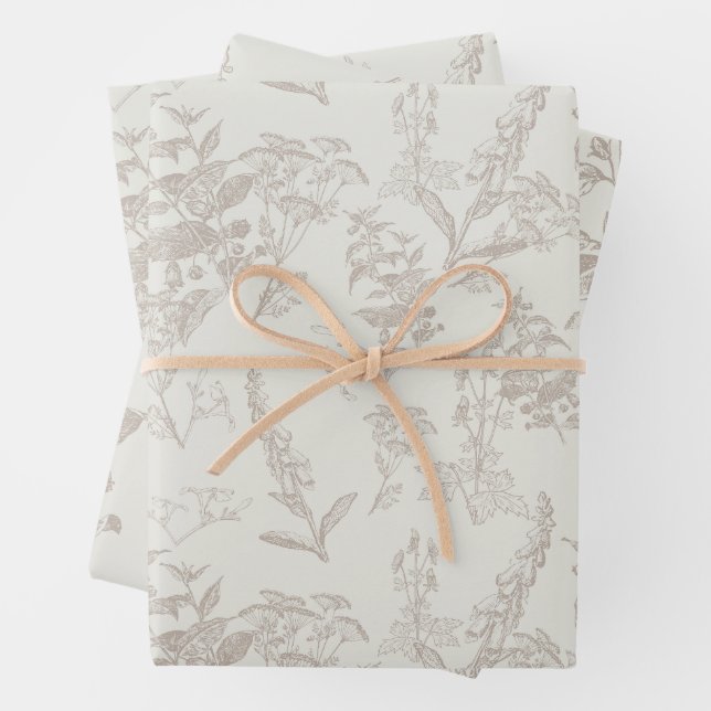 Taupe & Cream Tonal Wildflower Line Art  Wrapping Paper Sheets (In situ)