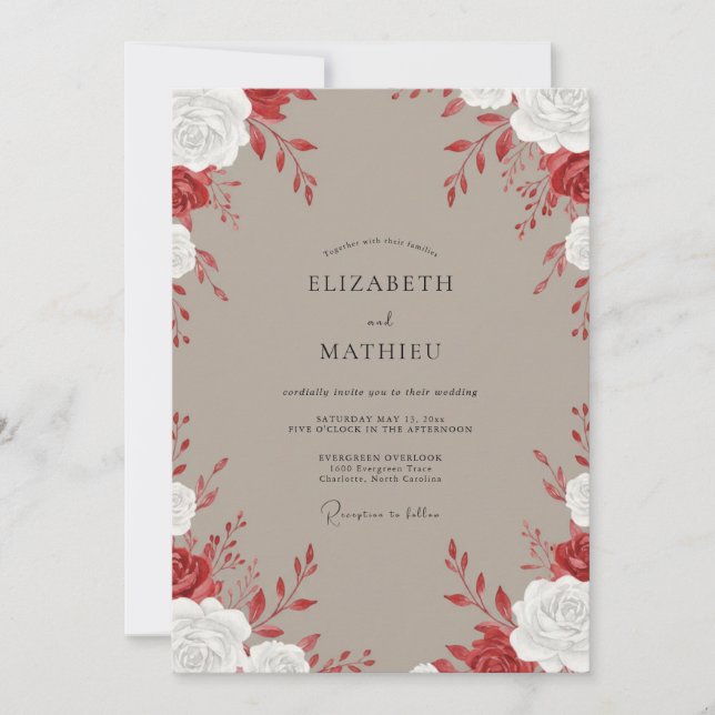 Taupe Crimson Rose Wedding Invitation (Front)