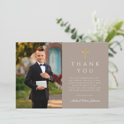 Taupe Cross Boy First Communion Photo Thank You Card