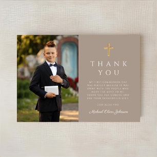 Taupe Cross Boy First Communion Photo Thank You Card