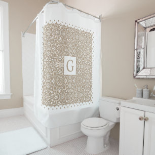 Taupe damask, white scalloped borders, monogram shower curtain