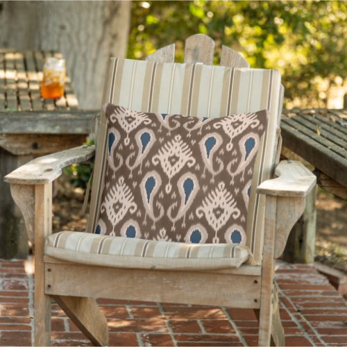 Taupe Dark Brown Navy Blue Ikat Tribal Pattern Outdoor Pillow