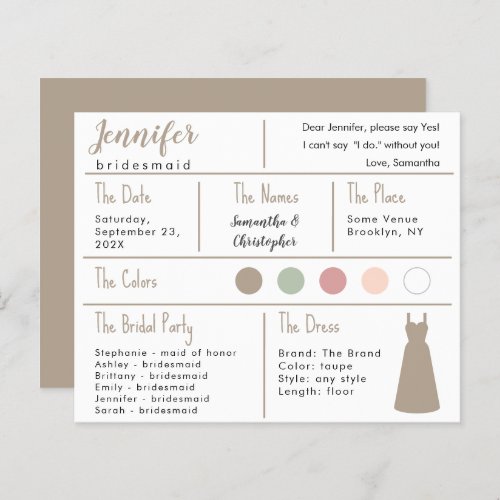 Taupe Dress Color Bridesmaid Information Card
