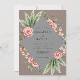 Taupe Dusty Pink Ranunculus Eucalyptus Wedding Invitation